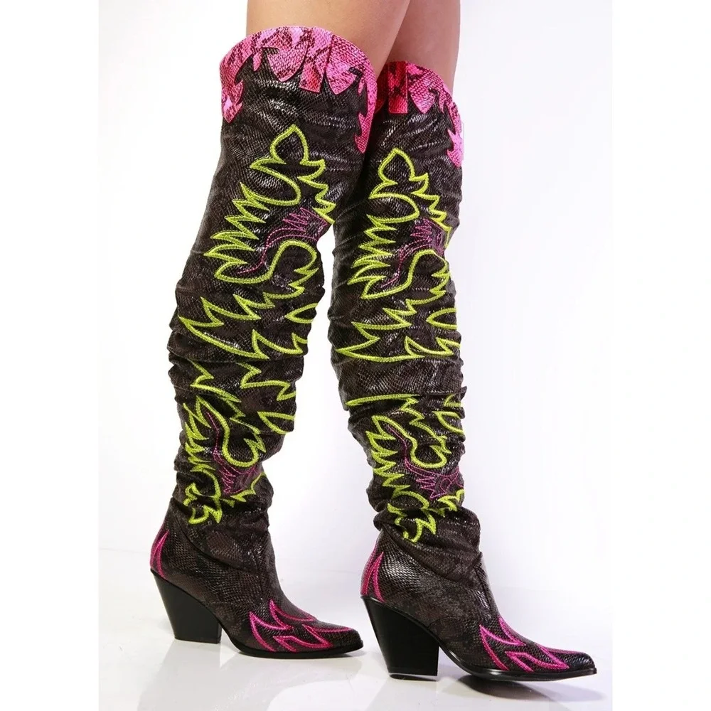 Cape Robbin Boots Women 8 Brown Snakeskin Neon Green Pink Over The Knee Western